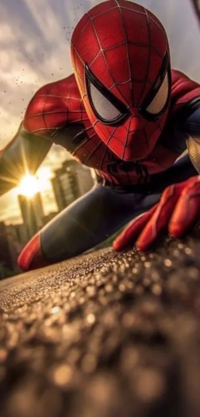 Superhero crawling action wallpaper with cityscape backdrop and sunset tones.