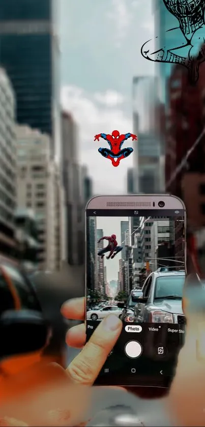 Superhero leaps across a vibrant cityscape captured on a mobile screen.