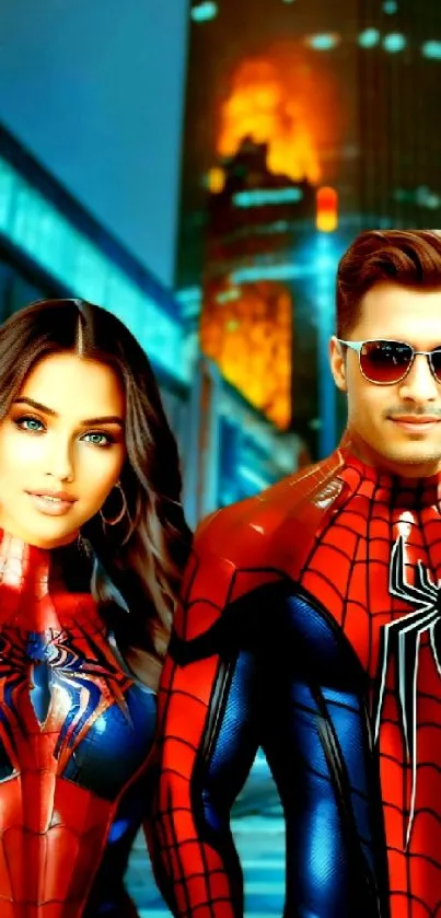 Dynamic superhero couple against cityscape wallpaper, vibrant and action-packed.