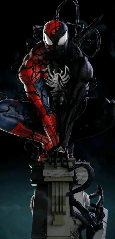 Dynamic superhero on pedestal with dark blue background.