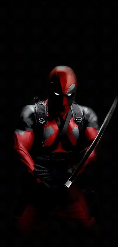 Superhero in red and black holding a sword on a dark background.