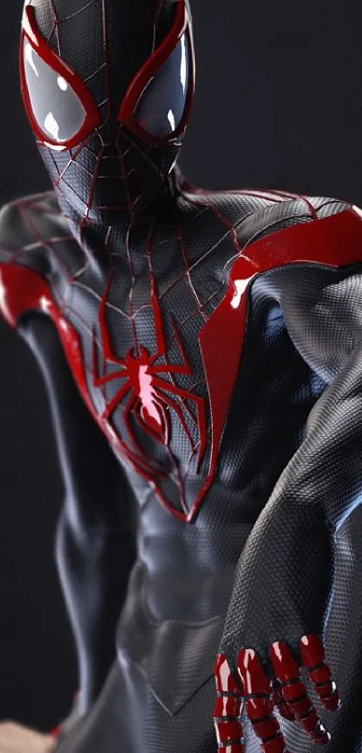 A striking superhero in black and red suit, showcasing dynamic art design.