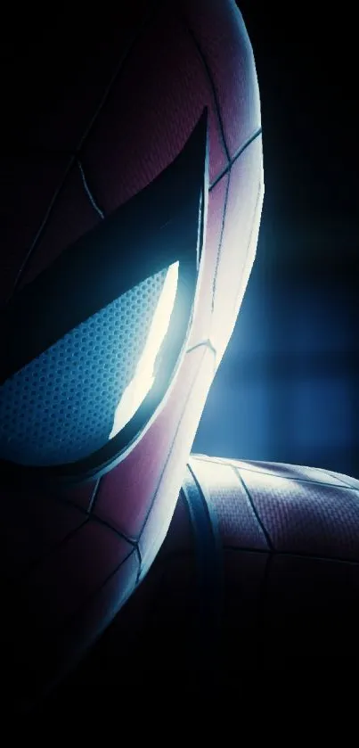 Close-up of superhero mask with dynamic lighting.