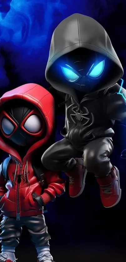 Animated superheroes in red and black outfits with blue energy.