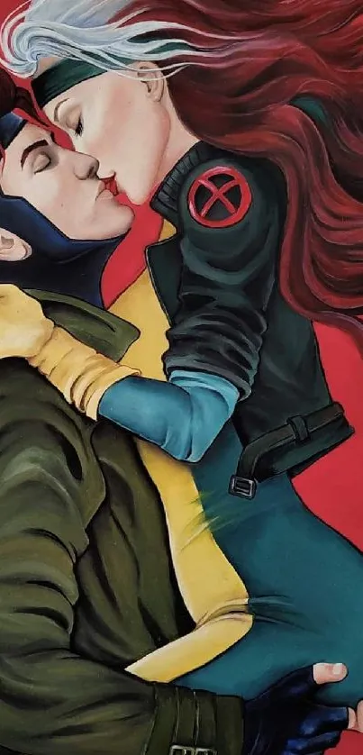 Dynamic superhero couple embracing in vibrant colors.