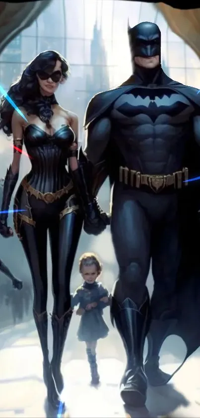 Superhero family in stylish black costumes, city backdrop.