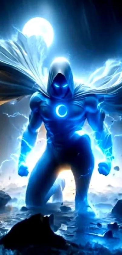 Superhero with glowing blue lightning and cloak in dynamic stance.