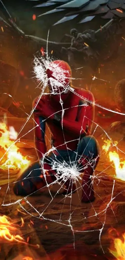 Superhero amidst flames with cracked glass effect.