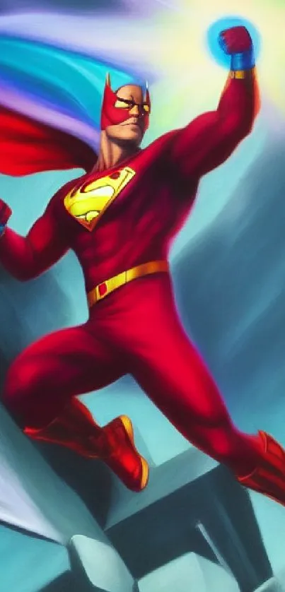 Superhero in red costume soaring through the sky with vibrant colors.