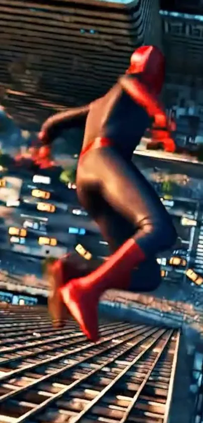 Superhero leaps across urban cityscape.