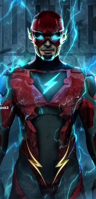 Superhero in red and blue lightning-themed suit on a mobile wallpaper.