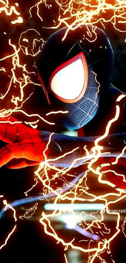 Superhero in action with lightning effect in vibrant colors.