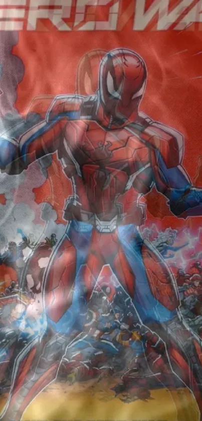 Dynamic superhero in red suit with vibrant action scene.