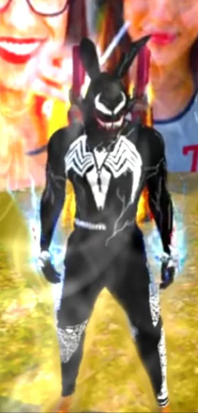 Hero in black suit with white patterns in dynamic setting.