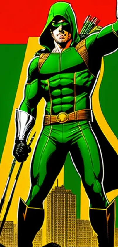 Vibrant superhero wallpaper with green costume and dynamic pose.