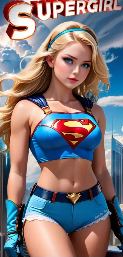 Supergirl in blue outfit with city backdrop