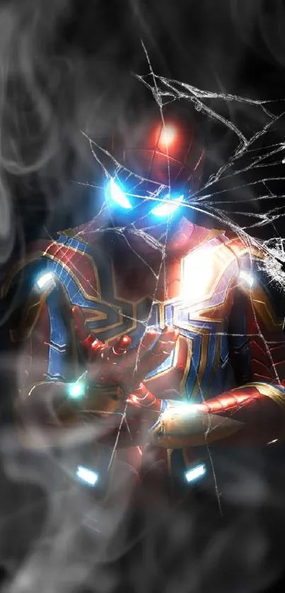 Superhero in dynamic pose with glowing effects on a dark background.