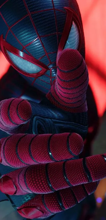 Dynamic superhero reaching forward in vibrant red and blue tones.