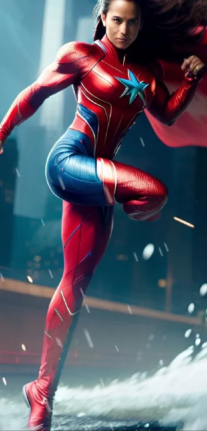 Vibrant superhero in action with a city backdrop, red and blue suit.