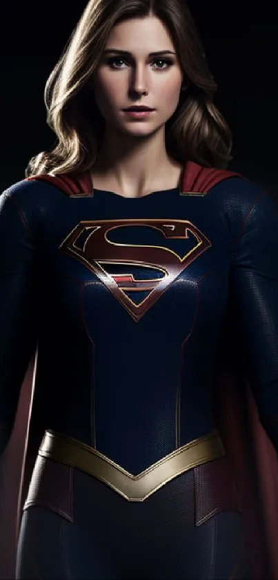 Heroic female superhero in dark blue suit with red cape.