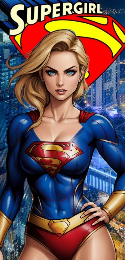 Supergirl wallpaper with city backdrop at night.