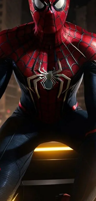 Superhero in red and blue suit sitting dramatically by city skyline.