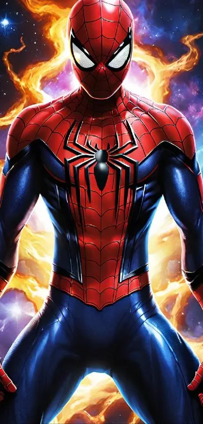 Superhero in vivid red with striking background design.