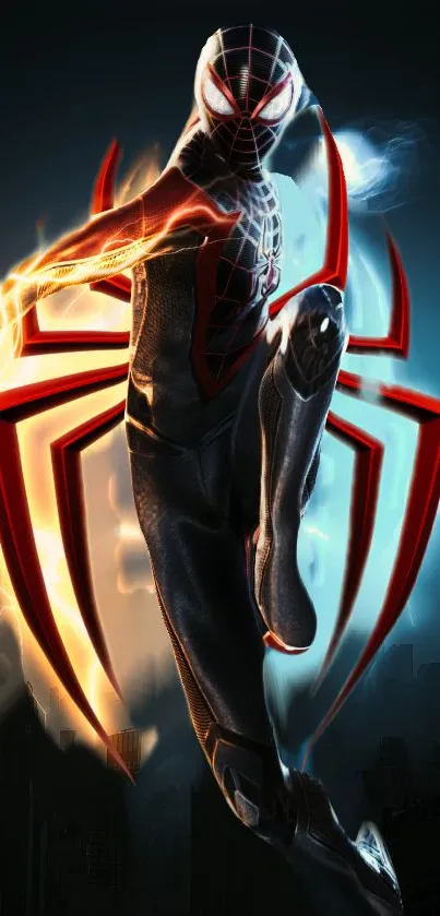 Dynamic superhero in action pose with vibrant colors on mobile wallpaper.