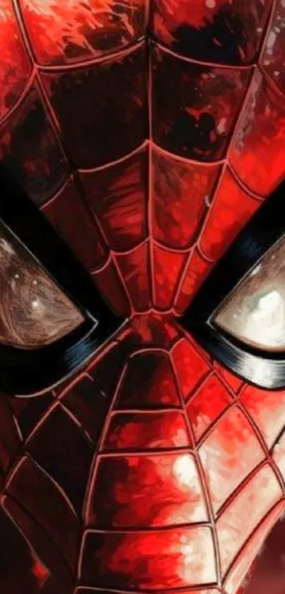 Close-up of Spider-Man with webbing on phone wallpaper.