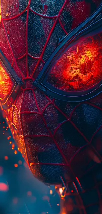 Red and black superhero mask with glowing eyes.