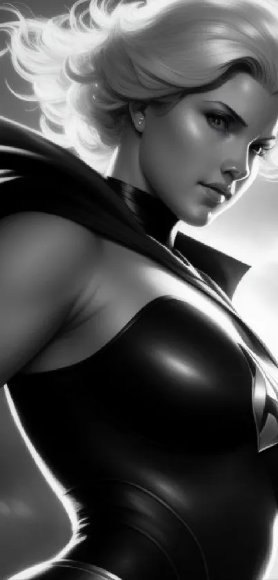 Monochrome superhero art featuring powerful female figure.