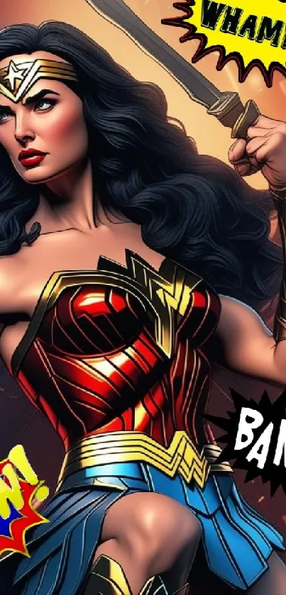 Vibrant comic book hero in action pose with dynamic text elements.