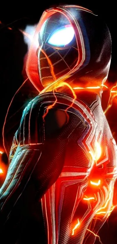 Superhero in electric-themed suit with vibrant energy lines.