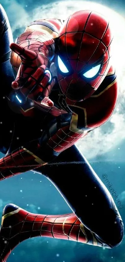 Dynamic superhero wallpaper with blue and red suit against a full moon.