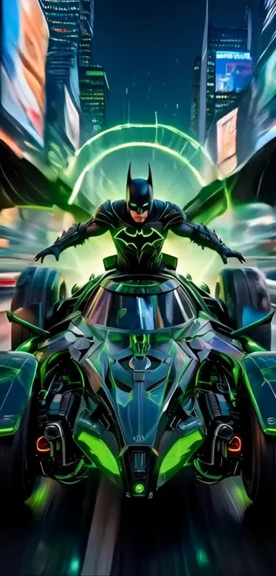 Superhero driving a neon-lit vehicle at night.