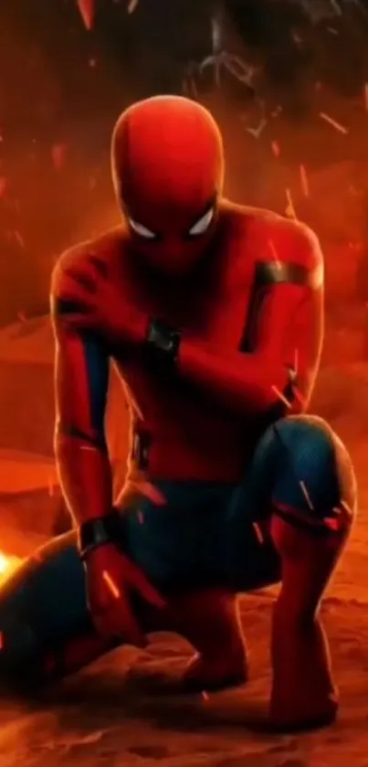 Superhero kneeling in a fiery setting with vivid red and blue colors.