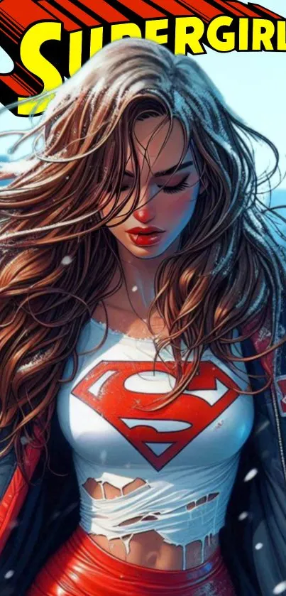 Supergirl in animated winter style, featuring snow.