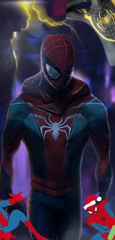 Superhero-themed mobile wallpaper with a dynamic red and blue costume.