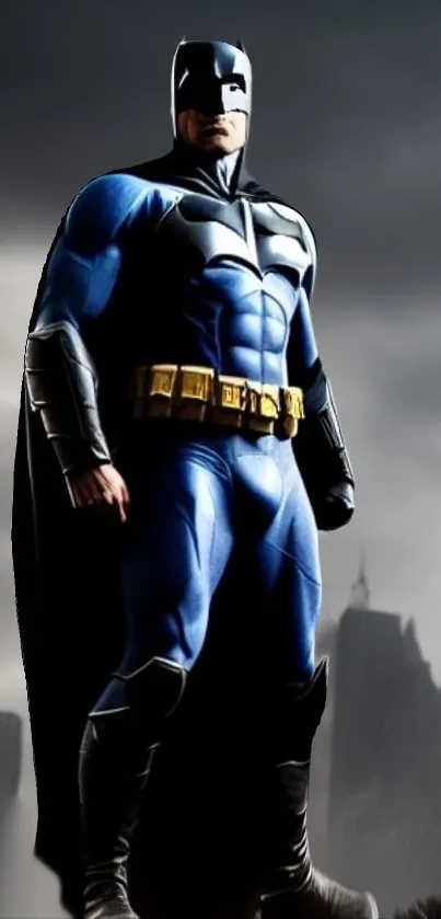 Superhero in blue costume against cityscape background.