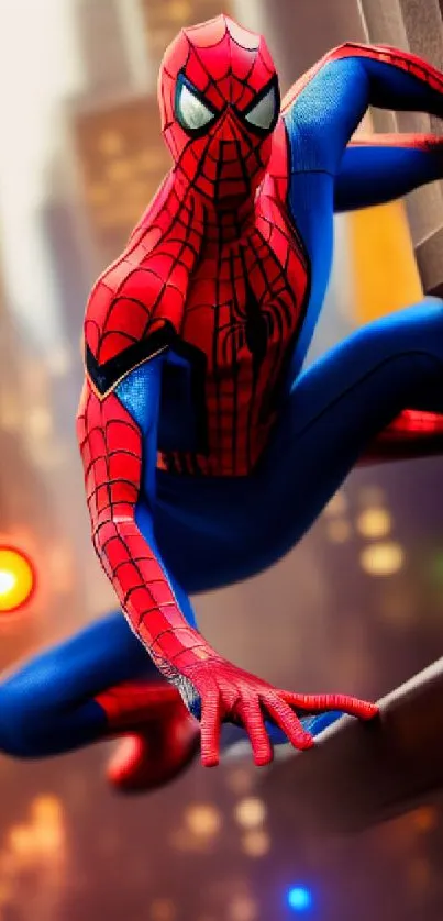 Dynamic superhero in red and blue suit on a cityscape background.