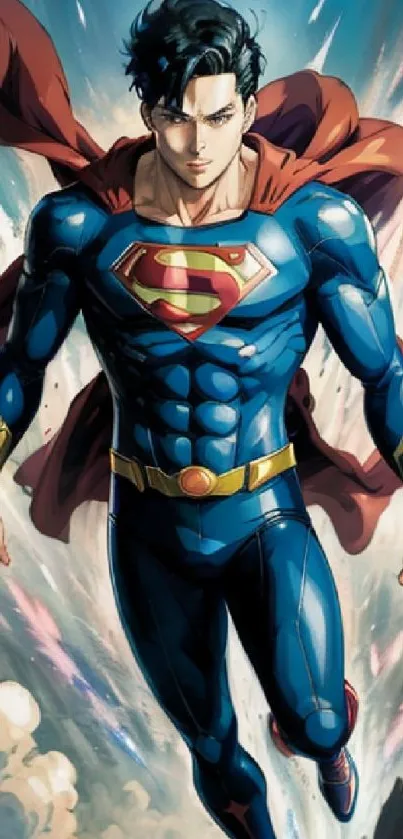 Superhero character soaring through the sky in vibrant comic book style.