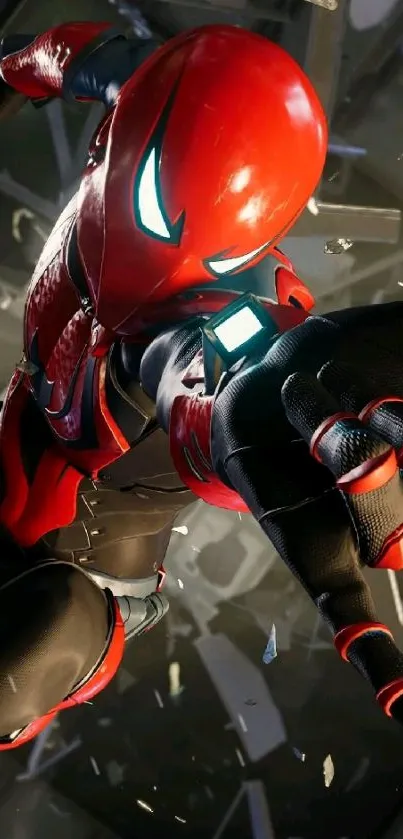 Superhero in red and black suit in action scene.