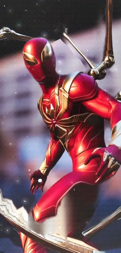 Dynamic superhero in red and gold armor on a vibrant phone wallpaper.