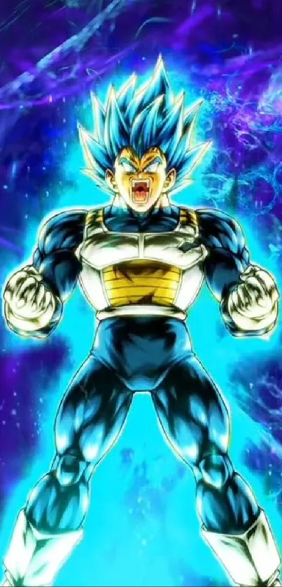 Blue-haired superhero surrounded by energy and cosmic colors.