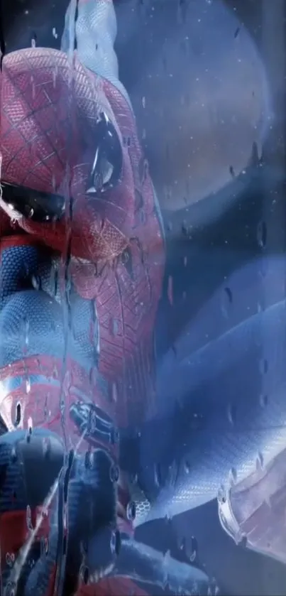 Superhero under rain, dynamic pose, night.