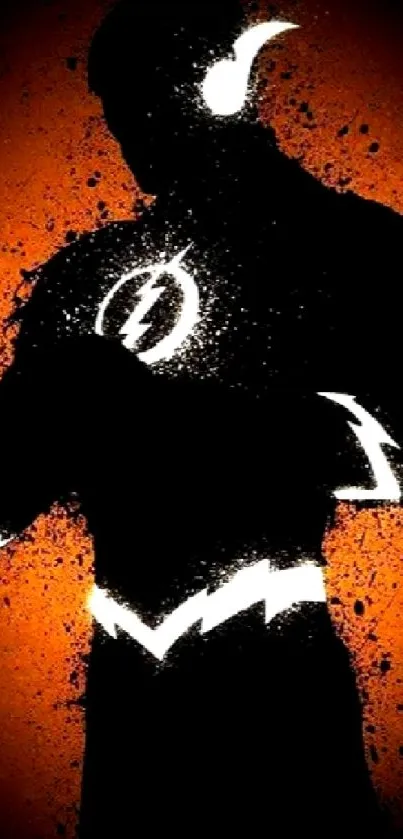 Superhero silhouette on an orange background with dynamic black and white contrasts.