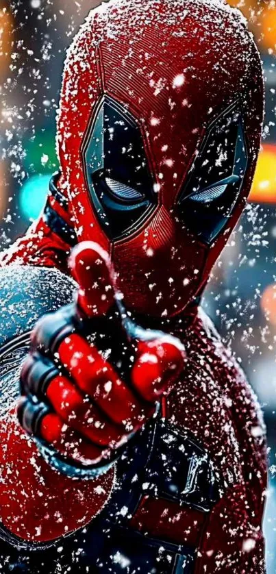 Superhero in snow pointing forward, in vivid colors.