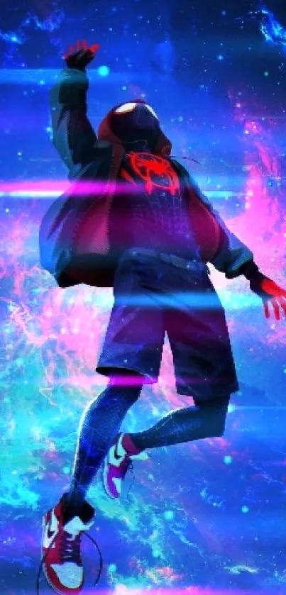 Superhero leaping in cosmic space with vibrant nebula background.