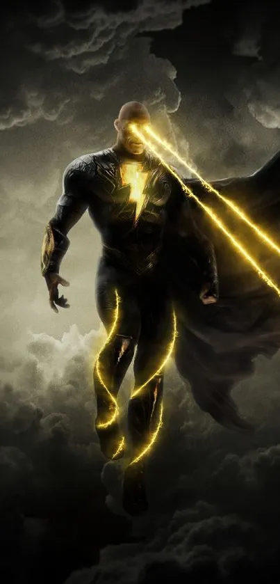 Superhero in a stormy sky with lightning energy.