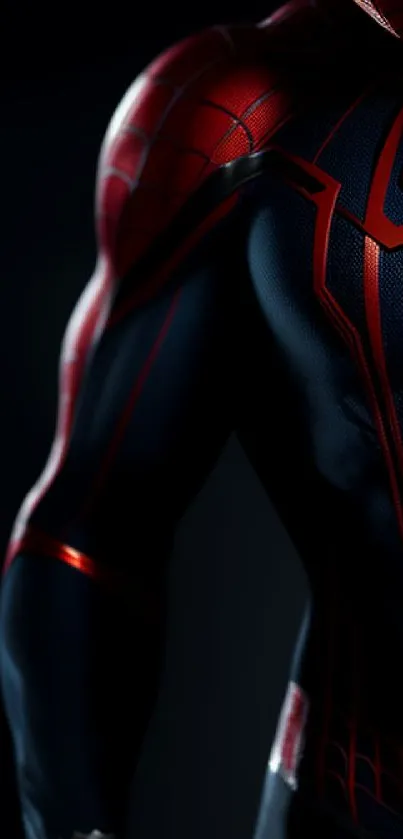 A mobile wallpaper with a dark-toned superhero suit in red and black.